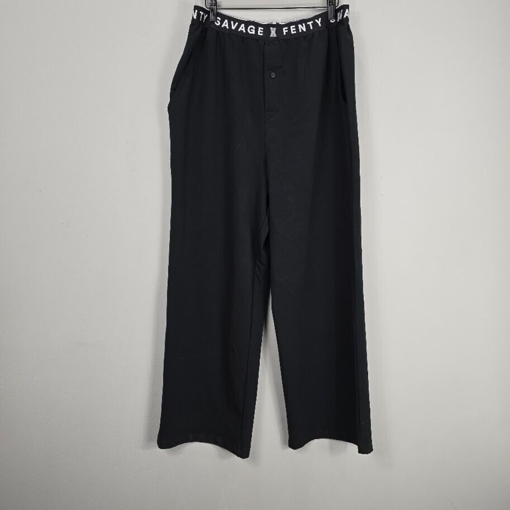 NWT Savage X Fenty By Rihanna Lounge Sweat Pants Women Large Black Wide Leg Logo